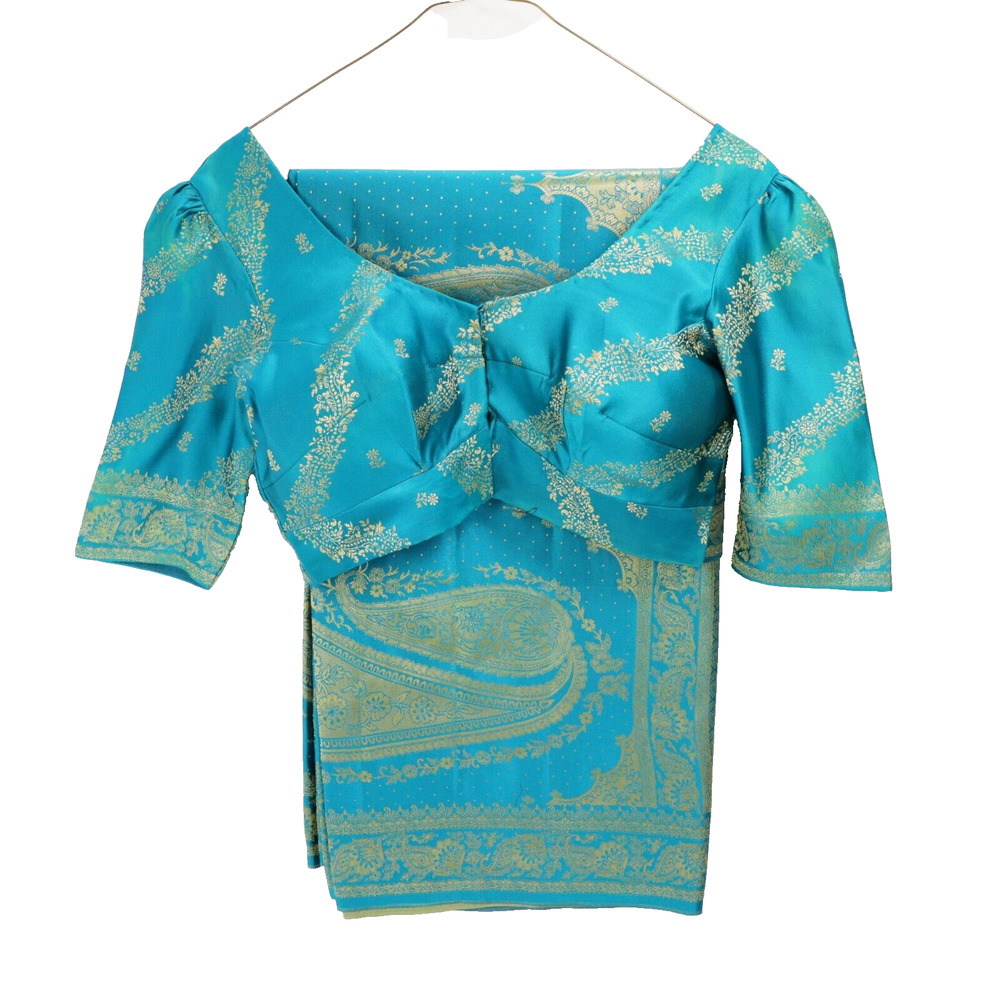 Vtg Indian Silk Saree Choli Dress Top Set M 8 10 Teal Gold Paisley Pallu